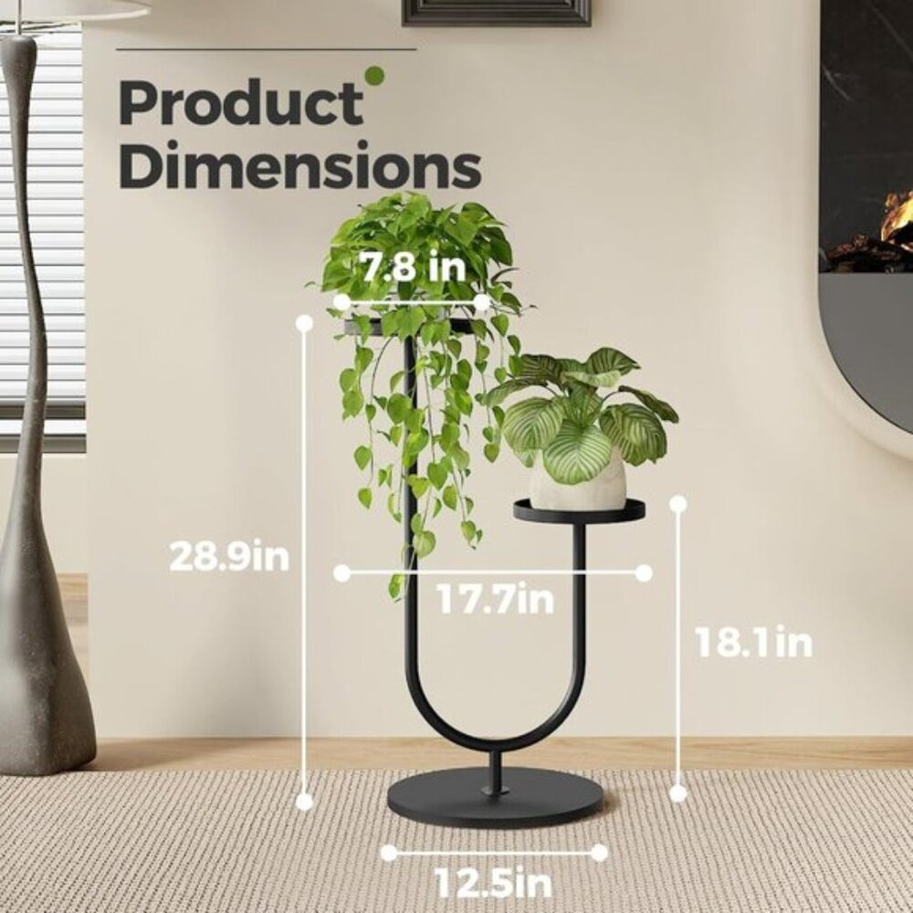 New Tall Indoor Plant Stand, Modern Black Metal 2 Pot Holder for Home Decor - Picture 3 of 5